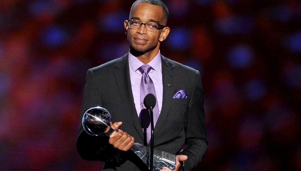 Longtime ESPN anchor Stuart Scott died Jan. 4, 2015, at the age of 49. A website claimed Fox News mixed up Scott with another ESPN personality, Stephen A. Smith. (Getty)