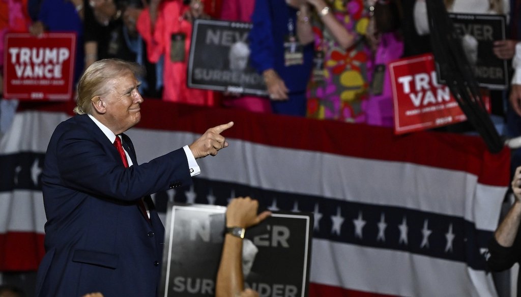 Former President Donald Trump, the 2024 Republican presidential candidate, points at a supporters July 24, 2024, campaign rally in Charlotte, N.C. (AP)