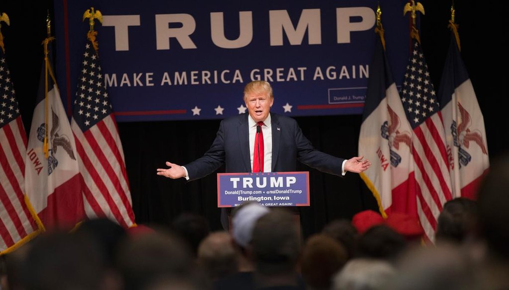 GOP presidential candidate Donald Trump rallies guests at Burlington Memorial Auditorium on Oct. 21, 2015, in Burlington, Iowa, during a campaign stop. (Getty)