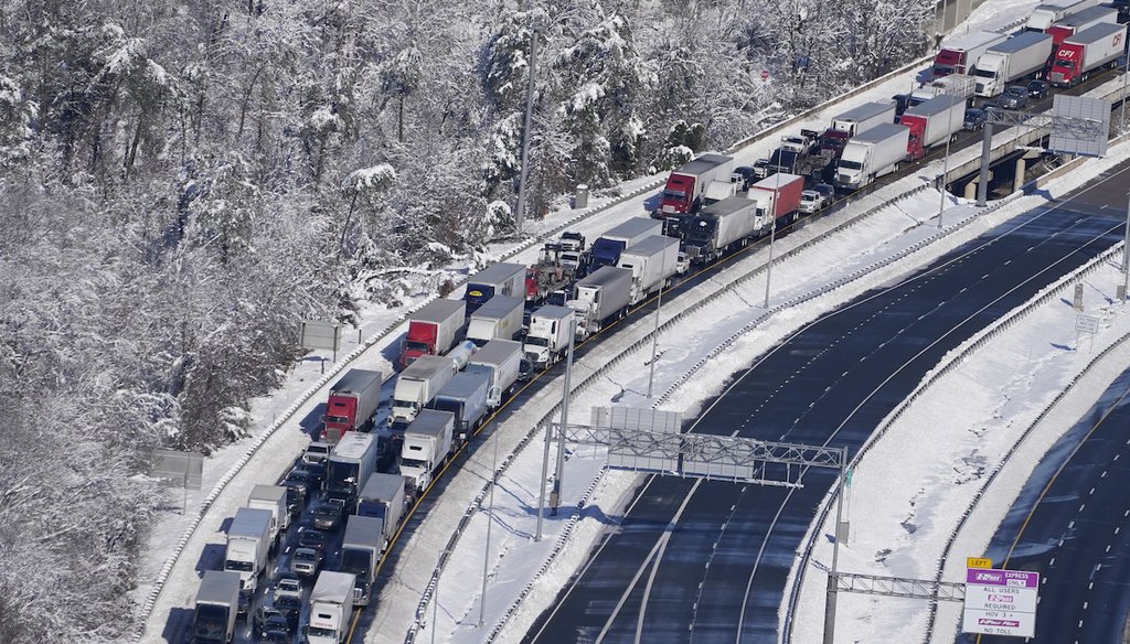 Cars and trucks are stranded on sections of Interstate 95 on Jan. 4, 2022, near Quantico, Virginia. Close to 48 miles of the highway was closed due to ice and snow. (AP )