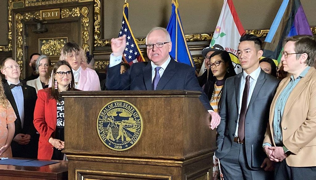 Democratic Minnesota Gov. Tim Walz speaks March 8, 2023, before signing an executive order that aimed to protect the rights of LGBTQ+ people to seek gender-affirming care. A month later, he signed House File 146 — called the "Trans Refuge" bill. (AP)