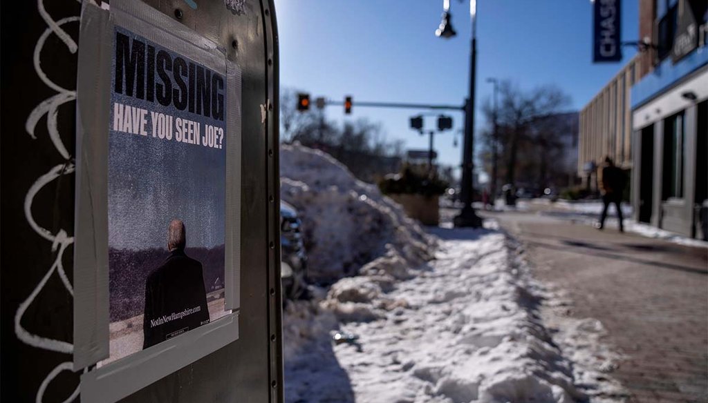 A poster bearing President Joe Biden’s likeness is taped to a mailbox Jan. 22, 2024, in Manchester, N.H. (AP)